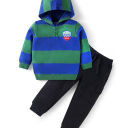 Babyhug Terry Knit Full Sleeves Colour Block Hooded T-Shirt with Patch & Joggers Set - Blue-image-8
