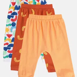 MINI KLUB Cotton Pack Of 3 Solid & Abstract Printed Joggers - White Red & Orange-picture-20