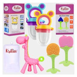 Kritiu Baby Silicone Teether Fruit Nibbler & Combo Pack Of 5 Non Toxic BPA Free Teething Toys - Multicolor-0