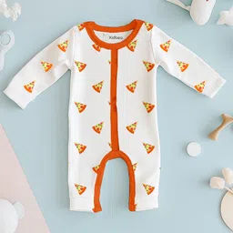 Kidbea 100% Organic Cotton Full Sleeves Pizza Printed Romper - Orange-picture-27