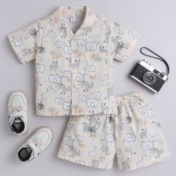 The Magic Wand Cotton Woven Half Sleeves Wild Animals Printed Coordinating Night Suit Set - Beige-image-0