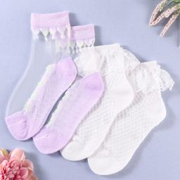 KIDLINGSS Pack Of 2 Hot Air Balloon Designed & Lace Detailed Socks - Off White & Purple-image-79