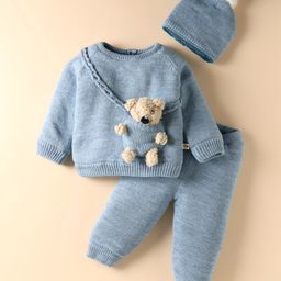 Yellow Apple Knitted Full Raglan Sleeves Pullover Sweater Set With Teddy Bear Applique & Cap - Blue-picture-15