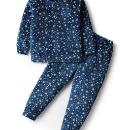Babyhug Velour Woven Full Sleeves Winter Wear T-Shirt & Lounge Pant Co-Ord Set With Snowflake Print - Navy Blue-image-27