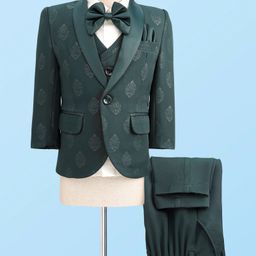 Robo Fry Cotton Knit Full Sleeves 4 Piece Printed Party Suit With A Bow - Dark Green-picture-31
