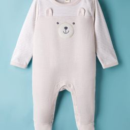 ToffyHouse Interlock Knit Full Sleeves Striped Romper with Bear Applique - Baby Pink-picture-14