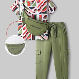 OLLINGTON ST. Cotton Half Sleeves Printed T-Shirt & Knit Joggers with Pouch Bag- Multicolor & Green-picture-38