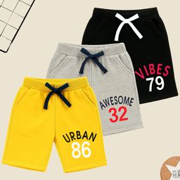 KUCHIPOO Cotton Blend Knit Pack Of 3 Urban & Awesome Text Printed Shorts - Yellow Grey & Black-picture-31