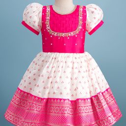 Enfance Half Puffed Sleeves Banarasi Foil Printed & Beaded Pattu Pavdai Dress - Rani-picture-22