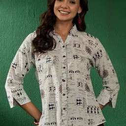 MANVAA Women Ethnic Motifs Printed Shirt Collar Cotton Top-image-16