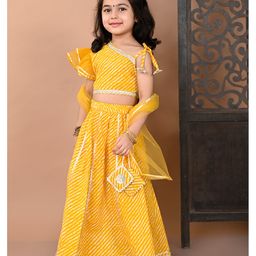 Superminis Cotton One Shoulder Lehariya Printed Lehenga Choli And Net Dupatta Set - Yellow image 4