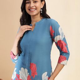 KALINI Women Aqua Blue Floral Print Straight Cotton Co-Ord Set-image-36