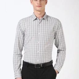 Peter England Grey Cotton Slim Fit Checks Shirt-image-81
