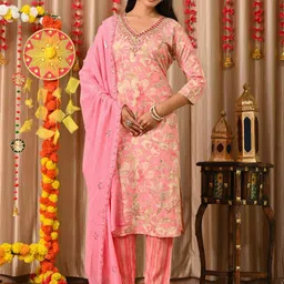Jasoriya Floral Printed A-Line Thread Work Pure Cotton Kurta With Trousers & Dupatta-picture-33