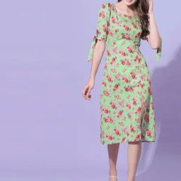 SELVIA Green Printed A-Line Dress-image-62