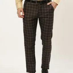 Sojanya Black Cotton Regular Slim Fit Checks Flat Front Trousers-image-97