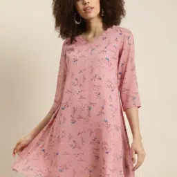 Qurvii Pink Floral Print Mini A-Line Dress-image-64
