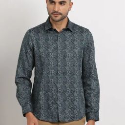 Turtle Dark Green Cotton Slim Fit Printed Formal Shirt-picture-5