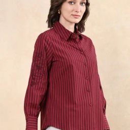 RAREISM Maroon Cotton Striped Long Sleeves Shirt-image-5