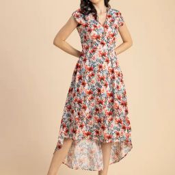 Moomaya Red & Blue Floral Print High-low Dress-image-52