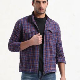 SHOW OFF Blue Cotton Slim Fit Checks Shacket-image-98