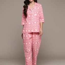 Anubhutee Pink Printed Pure Cotton Shirt With Pyjamas-image-1