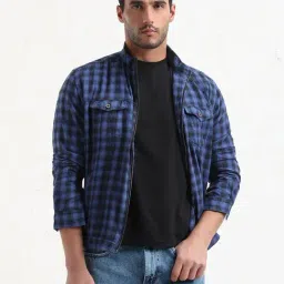 SHOW OFF Blue Cotton Slim Fit Checks Shacket-image-47
