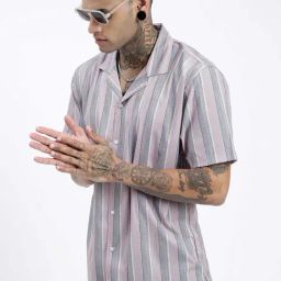 showoffff SHOWOFF Grey Cotton Relaxed Fit Stripes Shirt-picture-15