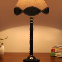 Devansh Off White and Black Textured Wooden Frusturical Shaped Table Lamp-20