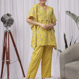 NEUDIS Yellow Printed Kaftan Pyjamas Set-picture-48