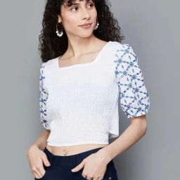Colour Me by Melange Off-White Cotton Embroidered Crop Top-picture-22