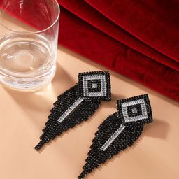 StyleCast Brass-Plated Rhinestone Studded Square Shaped Tasselled Drop Earrings-image-16
