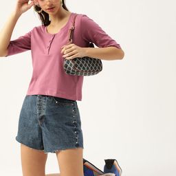 DressBerry Women Mauve Solid Henley Neck Sustainable T-shirt-image-48