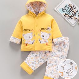 Child World Full Sleeves Winter Wear Sweatshirt & Striped Lounge Pants With Bear Patch - Yellow White-picture-14
