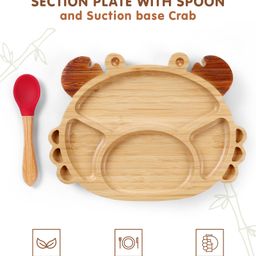 Crab Shaped Bamboo Wooden 2 Compartment Section Plate with Spoon Suction Base - Beige & Red-11