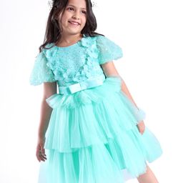 Mark & Mia Half Sleeves Frock With Floral Corsage & Bow - Blue-image-61