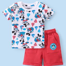 Babyhug Disney 100% Cotton Knit Half Sleeves T-Shirt & Shorts With Mickey Mouse Print - White & Red-image-40