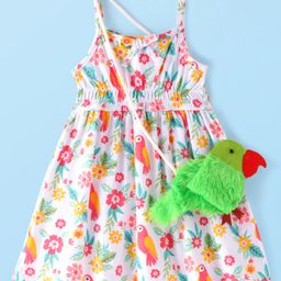 Babyhug Cotton Jersey Knit Singlet Sleeves Floral Print Frock With Parrot Sling Bag - White-image-91