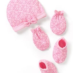 Babyhug 100% Cotton Cap Mittens & Booties Set Strawberry Print - Pink-image-66