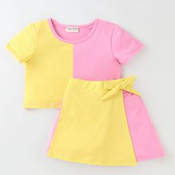 CrayonFlakes Cotton Half Sleeves Colour Block Coordinating Crop Top & Skort Set - Pink-image-88