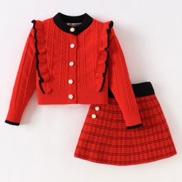 Kookie Kids Viscose Full Sleeves Winter Wear Top Set With Skirt & Cable Knit Design - Red-image-71