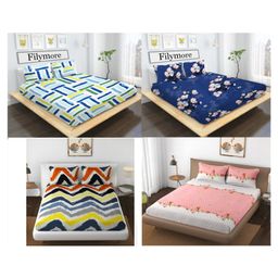 Filymore Floral and Cartoon Printed bedcover Set of 4 Double Bedsheet with Pillow Covers - made with Pure Microfiber (Pink,Off white,Multi,Blue) (Size 90x90 inches)-7