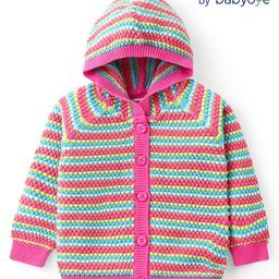 Babyoye Knitted Full Sleeves Striped Front Open Hooded Sweater - Dark Pink & Green-image-87