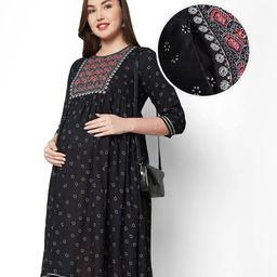 Bella Mama Viscose Woven Three Forth Sleeves Maternity Kurta With Embroidered Yoke & Pocket - Black-image-98