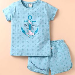 CUCUMBER Sinker Length Half Sleeve Night Suit with Nautical Print - Light Blue-image-72
