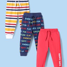 Babyhug Single Jersey Knit Full Length Lounge Pants With Stripes & Text Print Pack of 3 - Navy Blue Pink & White-picture-25