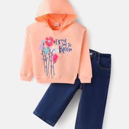 Babyhug Terry Knit Full Sleeves Hooded Sweatshirt & Solid Denim Jeans Set With Floral Print & Applique - Peach & Blue-image-83