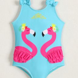 Babyhug Sleeveless V Cut Swimsuit Flamingo Print and Bow Detailing - Blue-image-92