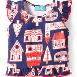 Tiara Cotton Rib Cap Sleeves Houses Printed Top - Navy Blue-image-56