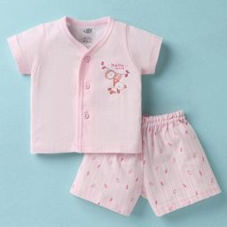 Zero Sinker Knit Half Sleeves Shorts Night Suit With AnimalPrint - Baby Pink-image-21